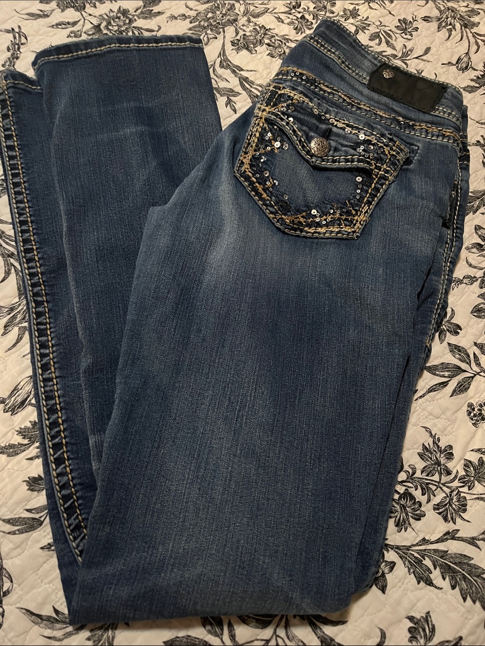 Silver Jeans Dark Blue Bootcut Jeans with Sequin Pocket Detail